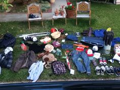 a bunch of items that are sitting on the grass in front of a car,