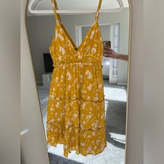 Never Worn. Beautiful, Flattering Summer Dress. Double Lined But Lightweight. Has Adjustable Straps. Perfect For Everyday, A Night Out, Or Vacation. Yellow Beach Mini Dress With Spaghetti Straps, Yellow Mini Dress With Spaghetti Straps For Beach, Yellow Spaghetti Strap Mini Dress For The Beach, Yellow Spaghetti Strap Mini Dress For Beach, Mustard Floral Print Mini Dress, Yellow Mini Sundress With Ruffles, Mustard Mini Dress For Spring, Mustard Mini Dresses For Day Out, Mustard Floral Mini Dress