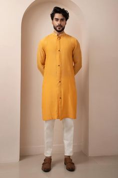 Yellow straight kurta with floral ditsy embroidery. Paired with solid straight pant. - Aza Fashions Ditsy Embroidery, Yellow Kurta, Straight Kurta, Embroidery Floral, Kurta With Pants, Pants Pattern, Straight Pants, Mandarin Collar, Aza Fashion