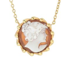 Perfect for any time wear, whenever you want to add a touch of flair to your style, this Cameo Italiano pendant necklace is a true beauty. It features a lovely 15mm round shell cameo portrait surrounded by a wavy golden frame. The piece is finely crafted in polished 18K yellow gold plated sterling silver. The 18.5" rolo chain safely secures with a lobster clasp. A 1.5" extender ensures it perfectly complements your wardrobe. Keep it close by - you'll want to wear this necklace all the time! Formal Round Cabochon Necklaces, Elegant Round Cabochon Necklaces, Fine Jewelry Round Cabochon Necklaces, Elegant Yellow Gold Necklace With Cabochon, Classic Cabochon Necklace, Cabochon Necklace For Anniversary, Gold Cabochon Pendant Necklace, Formal Medallion Necklace, Gold Pendant Necklace With Cabochon