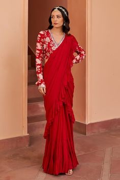 Red pre-draped ruffle saree in a solid base and tiered hem. Comes with sequin and pearl embellished  floral print blouse. - Aza Fashions Red Bollywood Saree With Ruffles, Elegant Red Saree With Ruffles, Red V-neck Saree For Diwali, Ruffle Sarees, Ruffle Saree, Drape Saree, Blouse For Women, Floral Print Blouses, Saree With Blouse