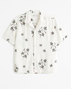 Men's Camp Collar Summer Linen-Blend Embroidered Shirt | Men's Tops | Abercrombie.com Male Features, 2024 Wardrobe, Summer Linen, Men's Tops, Men's Clothes, Resort Style, Viscose Fabric, Short Sleeve Button Up, Embroidery Details