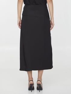 Midi skirt in black viscose and silk with two-way zip asymmetric closure and side gusset. Regular fit. The model is 180cm tall and wears size DE 36.  Size nationality: DE  Product number: 38180970  Product code: J03MA0125J65003001  Composition: 67% viscose, 33% silk Black Relaxed Draped Skirt For Formal Occasions, Black Formal Relaxed Draped Skirt, Formal Black Relaxed Draped Skirt, Black Draped Midi Skirt For Evening, Black Silk Pencil Skirt, Sleek Asymmetrical Lined Skirt, Black Relaxed Silk Skirt, Relaxed Black Silk Skirt, Black Asymmetrical Relaxed Fit Draped Skirt