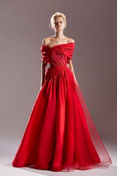 Off shoulder draped waistline voluminous dress - HerTrove Velvet Haute Couture, Voluminous Dress, Red Runway, Runway Gowns, Silver Embroidery, Taffeta Dress, Dress Fitted, Red Satin, Flowy Skirt