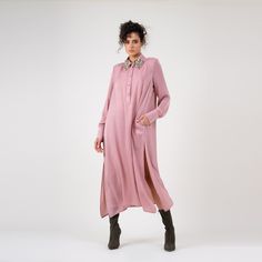 Maxi shirt dress with beading embellishment on the collar, slits on both sides and long sleeves. Dry clean only Formal Long Sleeve Embellished Midi Dress, Chic Long Sleeve Dress With Side Slits, Formal Long Sleeve Midi Dress With Side Slits, Embellished Long Sleeve Maxi Dress For Fall, Feminine Long Sleeve Shirt Dress For Daywear, Spring Long Sleeve Embellished Midi Dress, Spring Embellished Long Sleeve Midi Dress, Long Sleeve Dress With Side Slits For Work, Pink Long Sleeve Maxi Dress For Work