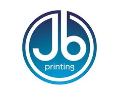 the jb printing logo is shown in blue and white with black letters on it