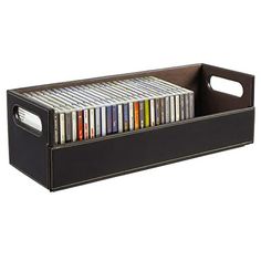 a black leather storage box with dvd's in the bottom section and two dividers on each side