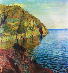 an oil painting of trees on the edge of a cliff by the ocean with blue water