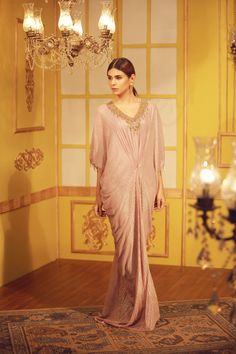 Lavender Kaftan | Pakistani Designer Outfit | Sarosh Salman Pink Wedding Kaftan With Traditional Drape, V-neck Resham Embroidered Kaftan For Party, V-neck Resham Embroidery Kaftan For Party, Party V-neck Kaftan With Resham Embroidery, Diwali Reception Kaftan With Resham Embroidery, Floor-length Georgette Kaftan For Eid, Festive Zari Work Georgette Kaftan, Bollywood Style Embellished V-neck Kurta, Festive Resham Embroidered Georgette Kaftan