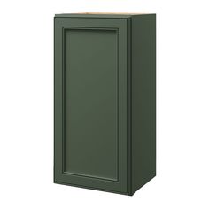 a green cabinet with an open door on the front and bottom side, against a white background