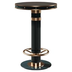 a black and gold bar stool with wheels on the bottom, in front of a white background