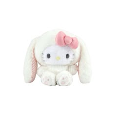 a white stuffed animal with a pink bow on it's head and paws sitting down