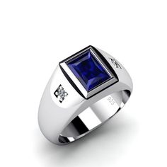 Simply stated and perfectly on-trend, this sapphire ring lends a look of refined sophistication to just about any attire. ---------------------- Metal: Sterling Silver Purity: 925 (hallmarked)Gemstone: SapphireCarat Total Weight: 2.40Cut: Faceted Rectangle0.8 x 0.6 cm (0.3" x 0.2")Setting Type: BezelAccent Stones: DiamondsCarat Total Weight: 0.06Setting Type: Pave Cut: GoodColor: HClarity: VS1Ring width: 5.2 mm / 0.2" wide across the undersideProduct weight: 10 gr (0.35 oz) Diamond Birthstone Ring, Virgo Gifts, Ring Sapphire, Diamond Birthstone, Diamond Fashion Rings, Solid Gold Band, Rose Gold Diamond Ring, Gold Signet Ring, Mens Ring