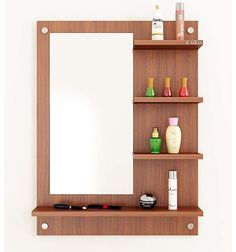 a mirror and shelf with various items on it in front of a wall mounted medicine cabinet