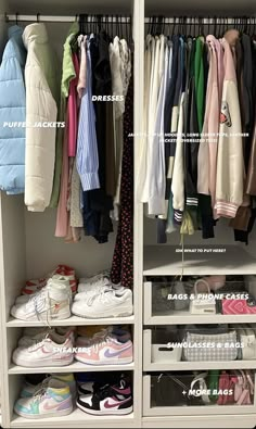 an organized closet with clothes and shoes