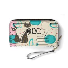 Unleash a wave of vintage charm with our Atomic Cat Wallet, crafted in sleek PU leather and adorned with mid-century modern motifs. This wallet features a vibrant mix of atomic starbursts and boomerang shapes in shades of retro pink, turquoise, and black, offering a fun, contemporary twist. It's the perfect accessory to inject a splash of personality and color into any outfit, combining practicality with playful, era-appropriate style! * Material: Crafted from high-quality PU leather for luxury. Retro Black Rectangular Wallet, Retro Wallets With Interior Card Slots, Retro Rectangular Travel Wallet, Retro Style Rectangular Wallets For Daily Use, Retro Wallet With Interior Card Slots, Retro Wallets With Card Slots For Everyday Use, Retro Rectangular Wallets For Daily Use, Vintage Multicolor Travel Wallets, Retro Wallets With Interior Card Slots For Daily Use