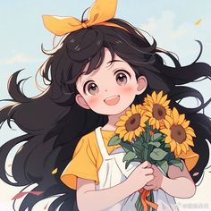 a girl with long black hair holding sunflowers