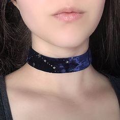 "A dark blue starry, constellation patterned velvet choker necklace featuring soft, double sided ribbon and bronze adjustable clasp. It's hard to capture on camera just how gorgeous this velvet is! Made from 1\" wide non-stretch velvet ribbon. The length shown in photos is 12\" and more options are available. Each size comes with an additional 2.5\" extender chain. For best fit, measure around the smallest part of your neck (close to center) and choose the next smallest size. If you want a custo Adjustable Star Choker, Adjustable Star Choker For Festival, Adjustable Star-shaped Choker For Festivals, Adjustable Star Shaped Choker As A Gift, Adjustable Star-shaped Choker For Gift, Adjustable Star Shaped Choker For Gift, Celestial Whimsigoth, Whimsigoth Jewelry, Choker Patterns