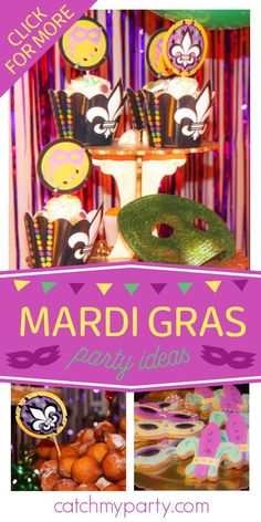 mardi gras party with lots of food and decorations