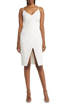 This night-out sheath is designed in crisp white with slender adjustable straps and a vented wrap skirt. 44" length V-neck Adjustable straps Lined 99% polyamide, 1% elastane Dry clean Made in the USA of imported fabric Elegant Dresses With Wrap-around Straps For Night Out, Fitted Evening Dresses With Wrap-around Straps, Chic Fitted Dress With Wrap-around Straps, One Shoulder Cocktail Dress, Mini Sheath Dress, Black Halo, Wrap Midi Dress, Oversized Dress, Black Sheath Dress