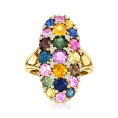 Ross-Simons - 5.75ct t. w. Multicolored Sapphire Ring, .20ct t. w. Diamonds. Size 8. Like colorful confetti from the most elegant soiree, this vibrant gemstone ring will give you a reason to celebrate! 5.75 ct. t. w. multicolored sapphires put on a show alongside .20 ct. t. w. round brilliant-cut diamonds in polished 14kt yellow gold. 1" wide. Diamond and multicolored sapphire ring. Luxury Multicolor Cubic Zirconia Sapphire Ring, Colored Sapphire Rings, Formal Multicolor Diamond Gemstones, Multicolor Brilliant Cut Sapphire Ring For Formal Occasions, Elegant Multicolor Brilliant Cut Sapphire Ring, Elegant Multicolor Brilliant Cut Gemstones, Multicolor Sapphire Ring For Formal Occasions, Formal Multicolor Round Sapphire Ring, Multicolor Brilliant Cut Sapphire Ring For Anniversary