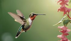 a hummingbird is flying near pink flowers