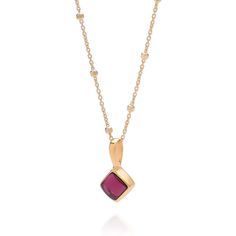 A stunning birthstone jewellery piece with a diamond-shaped cut Garnet gemstone for January birthstone that boasts deep red hues. The gemstone is handset into sterling silver and gold plated and paired with an 18" satellite chain, adding elegance and class to the design. Artisan crafted and an excellent personalised birthday gift option, this necklace is imbued with the natural beauty and lasting significance of the Garnet gemstone.  Garnet: reduce inflammation | detoxify | energise We want your jewellery to stay in great condition so you can enjoy it for years to come. With some simple steps you can help prolong the life of your pieces. Remove your jewellery daily, put it on as the last step when getting ready and the first thing you take off at the end of the day. Avoid spraying with per Garnet Birthstone Necklaces In Fine Jewelry Style, Garnet Birthstone Fine Jewelry Necklace, Garnet Birthstone Necklace In Fine Jewelry Style, Elegant Ruby Pendant Birthstone Necklace, 14k Gold Square Pendant Necklace With Birthstone, Elegant Faceted Yellow Gold Birthstone Necklace, Formal Birthstone Pendant Necklace, Ruby Pendant Necklace With Gemstone Accents, Gold-plated Birthstone Necklace With Gemstones