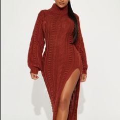 Size Small. You Are Looking At A Brown Cognac Sweater Dress That Will Keep You Warm On The Cold Winter Days. This Dress Features A Turtle Neck And A Split At The Side. Very Beautiful For All You Winter Baddies. The Color Is Beautiful And The Dress Is Timeless. Tags Are Still Attached As The Item Has Never Been Worn. Long Midi Dress For Winter Night Out, Long Midi Dress For Night Out In Winter, Brown Midi Dress For Winter, Brown Long Midi Dress For Winter, Fall Maxi Dress For Date Night, Long Midi Dress For Date Night In Fall, Brown Maxi Dress For Night Out In Fall, Fall Date Night Midi Dress, Winter Maxi Dress For Date Night