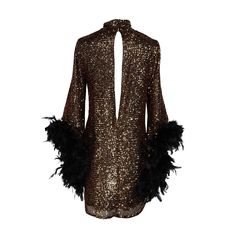 This shimmering copper flash mod mini dress has it all - glittering sequins, delicate mock neck, and long bell sleeves cuffed with black feathers. An ode to the bold expression of the 1960s, this piece is a statement addition to any wardrobe. Dry clean to best preserve the sequins and feathers. Mod Mini Dress, Disco Dress, August Birthstone Jewelry, July Birthstone Jewelry, Time Warp, Long Bell Sleeves, Gifts For New Mums, Jewelry Ring Box, Pearl Jewellery Earrings