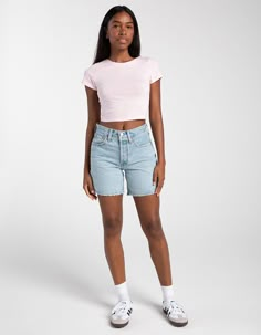 Levi's 501 Mid Thigh Shorts. The First-Ever Jean Shorts. Modeled After The 501® Original Jeans, These Denim Shorts Were Made With Our Iconic Vintage-Inspired Fit, A Flattering High Rise And A Longer Inseam. To This Day They They've Never Gone Out Of Style. And They Never Will. Straight Through Your Hip And Thigh. Rise: 10.5". Inseam: 6". Measurements Based On A Size 30 Waist. Heavyweight Denim. Stretch. Button Fly. 5-Pocket Styling. 99% Cotton, 1% Elastane. Machine Wash. Imported. Model Is Wearing A Size 26. Model Measurements:height: 5'7" Bust: 32"waist: 23"hips: 32" | Levi's 501 Mid Thigh Shorts - Take Off Levi 501 Jeans Women Outfit, Long Jean Shorts, Flannel Sweatshirt, Mid Rise Denim Shorts, Mid Thigh Shorts, Open Knit Sweater, Cargo Skirt, Levi's 501, Levi Shorts