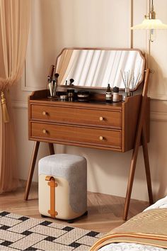 Modern Classic Wood Makeup Vanity Set in walnut with a 360° mirror, 2 drawers, and a chic upholstered stool. Sleek design with ample storage. Wood Makeup Vanity, Wood Working Ideas, Makeup Vanity Set, Upholstered Stool, Wood Project, Wood Vanity, Wood Drawers, Classic Decor, Wooden Storage