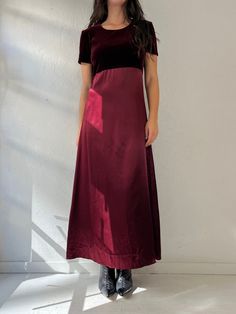 "- Vintage Jody of California burgundy dress - Velvet bodice with silky skirt - Made in USA - Small  Bust: 19\" Length: 53\"" Bias Cut Evening Dresses For Fall, Fitted Burgundy Maxi Dress For Evening, Fitted Burgundy Midi Dress For Evening, Burgundy A-line Midi Dress For Formal Occasions, Burgundy Fitted A-line Midi Dress, Fitted Floor-length Burgundy Maxi Dress, Fitted A-line Burgundy Midi Dress, Burgundy Fitted Midi Dress For Formal Occasions, Red Satin Dress For Fall