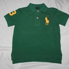 Ralph Lauren Green Boys Polo Cotton Mesh Polo Shirt Yellow Big Pony Logo Green Shirt For School In Summer, Yellow Fitted School Top, Yellow Fitted Tops For School, Fitted Green Polo Collar Top, Fitted Yellow Top With Polo Collar, Green Short Sleeve School Shirt, Green Short Sleeve Shirt For School, Green Cotton School Top, Green Cotton Top For School