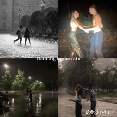 two people dancing in the rain at night and one is holding his arm out to another person