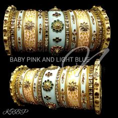 Beautiful Baby Pink & Light Blue Bridal Chura Set. Embellished With Heavy Glass Kundan & Stone Work All Over. Beautified With Hand Painting and Floral Kundan Setting. Made On Acrylic Base. Grab This Alluring Beauty Specially Made For Your Special Day And Look Dazzling Yet Traditional. Bangles For Diwali, Bangles for Wedding, Bridal Bangle, Party wear Bangles,Chuda Chura, Indian Bangles, Pakistani bangles, Karwachauth Chuda, Festival Bangles, Fancy Bangles, Designer bangles, Kundan Bangles, Traditional Bangles, Chuda, Rajputi Bangles, Marwari bangle, Dhalu Chura, Tribal Style bangle, Vintage Style Bangle.  Size - 2.4/2.6/2.8 Total Bangles - 42 - (21 each hand) Hand Painted Acrylic Base Kundan & Stone Work bangle Set. A beautiful hand made fancy bangle set with Rajputi/mariwari/rajasthani cu Green Indian Wedding, Red Indian Wedding, Wedding Chura, Bridal Chura, Indian Bangles, Kundan Bangles, Wedding Hands, Hand Painted Wedding, Fancy Jewellery Designs