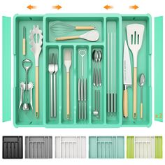 an assortment of kitchen utensils and spoons in a green tray with dividers