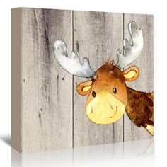 a watercolor painting of a moose's head hanging on a wooden plank wall