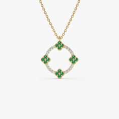 Emerald Necklace / Clover Necklace / Emerald and Diamond Pendant in 14k Gold / Layering Necklace / Emerald Stacking Pendant / May Birthstone ▶ Details   * Made to Order * Gold Kt: 14K (also available in 18K) * Available Gold Colors: Rose Gold, Yellow Gold, White Gold * Length & Width: 15.5MM * Round Diamond: 16 Pc 1.1 MM * Round Emerald: 16 Pc 1.3 MM * Diamond Color & Clarity: G Color SI Clarity * Diamond Ctw: 0.12 * Emerald Ctw: 0.18 ctw * Ready to Ship in 7-10 Business Days ▶ See more of our Ruby Jewelry - https://etsy.me/3XbNleY ▶ See our storefront here - http://etsy.me/2lUcVnH  ▶ All store sections here  Diamond Rings - http://etsy.me/2lwKUl8  * Diamond Earrings - http://etsy.me/2lyqVBP  * Diamond Necklace - http://etsy.me/2mqa6O1  * Diamond Bracelets - http://etsy.me/2mVrAB5  * Diamo Fine Jewelry Necklaces With Jewels For Anniversary, White Gold Diamond Pendant Necklace With Jewels, Fine Jewelry Green Diamond Necklace, Green Diamond Necklace Fine Jewelry, Fine Jewelry Green Diamond Cut Necklaces, Exquisite Diamond Birthstone Necklaces, Fine Jewelry White Gold Necklace With Jewels, White Gold Jeweled Fine Necklaces, Custom Round Gemstone Necklace Fine Jewelry