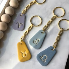 three keychains with numbers on them sitting next to eggs