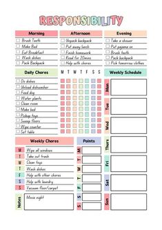 a printable daily planner with the words,'resonsibleity '