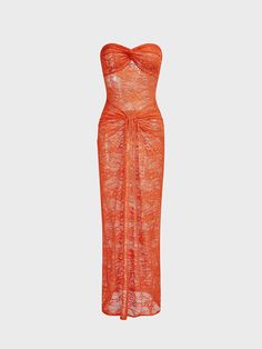 レースアップ ストラップレス レース ノースリーブ マキシドレス Ruched Sleeveless Lace Dress, Sleeveless Lace Bodycon Dress, Sleeveless Orange Maxi Dress For Evening, Orange Sleeveless Maxi Dress For Evening, Orange Sleeveless Maxi Dress For Party, Summer Strapless Lace Maxi Dress, Orange Bandeau Dresses For Summer, Orange Bandeau Summer Dress, Fitted Orange Bandeau Dress