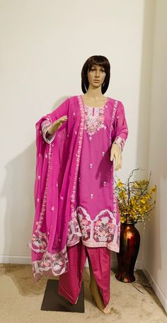 Product code-210 Kurti - mauve pink goergette with butterfly silk lining  Pants- plain mauve pink butterfly silk Orna- goergette  Work- thread embroidery  Size 40"42"44" Hip-46" Semi-stitched Pink Lawn Suit With Dabka Work, Pink Palazzo Set With Mirror Work For Eid, Pink Mirror Work Palazzo Set For Eid, Embroidered Pink Palazzo Set In Chanderi, Pink Embroidered Palazzo Set In Chanderi, Pink Embroidered Chinon Palazzo Set, Embroidered Pink Chanderi Palazzo Set, Pink Embroidered Chanderi Palazzo Set, Unstitched Pink Palazzo Set With Mirror Work