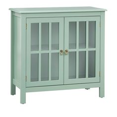 a light green cabinet with glass doors