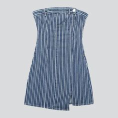 Strapless Dark Wash Mini Dress For Spring, Chic Striped Cotton Mini Dress, Spring Strapless Denim Blue Mini Dress, Trendy Strapless Summer Denim Dress, Strapless Denim Blue Mini Dress For Spring, Dark Wash Strapless Mini Dress For Summer, Casual Dark Wash Strapless Dress, Strapless Dark Wash Mini Dress, Trendy Strapless Cotton Denim Dress