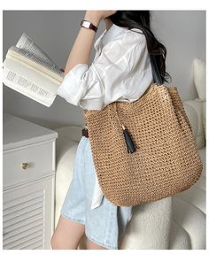 Elena Handbags Straw Woven Tote with Leather Straps and Tassel Spring Rectangular Straw Bag With Tassels, Casual Straw Bag With Tassels For Travel, Casual Travel Straw Bag With Tassels, Spring Straw Bag With Tassels For Daily Use, Casual Brown Straw Bag With Tassels, Casual Hobo Bag With Braided Double Handles, Spring Natural Bag With Tassels, Natural Bags With Tassels For Spring, Casual Long Handle Beach Bag For Daily Use