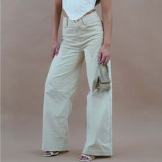 Sonia Contrast Wideleg Cargo Pants - Sand High-waisted Cotton Cargo Pants For Spring, High Waist Cotton Cargo Pants For Spring, Non-stretch White Cotton Bottoms, Chic White Baggy Wide Leg Pants, White High Rise Wide Leg Cotton Pants, Beige High Waist Non-stretch Cargo Pants, High Waist Non-stretch Beige Cargo Pants, High Rise Beige Cotton Wide Leg Pants, Beige High Rise Wide Leg Cotton Pants