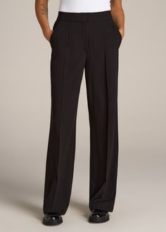 American-Tall-Women-Flat-front-wide-Leg-Dress-Pants-Black-front Tailored Wide Leg Career Pants, Chic Straight Career Pants, Elegant Wide Leg Career Pants, Chic Career Straight Pants, Elegant Wide-leg Career Pants, Fitted Wide Leg Career Bottoms, Chic Straight Leg Career Bottoms, Tailored Wide Leg Dress Pants For Career, Chic Career Pants For Fall