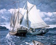 Sloop Unity and the Schooner Margaretta by Robert L. Lambdin, showing the Battle of Machias, Maine, June 12, 1775. Montague Dawson, Marine Painter, Old Timer, Navi A Vela, Old Sailing Ships, Cutty Sark, Clipper Ship, Rough Seas, Maritime Art