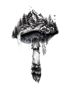 a drawing of a mushroom with trees and mountains on it's head, in the background