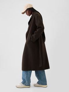 Belted Double-Faced Wool Coat | Gap Double Faced Wool Coat, Wool Trench Coat Outfit, Dark Brown Coat Outfit, Brown Wool Coat Outfit, Wool Jacket Outfit, Clean Girl Winter, Petite Winter Coats, Brown Coat Outfit, Wool Coat Outfit